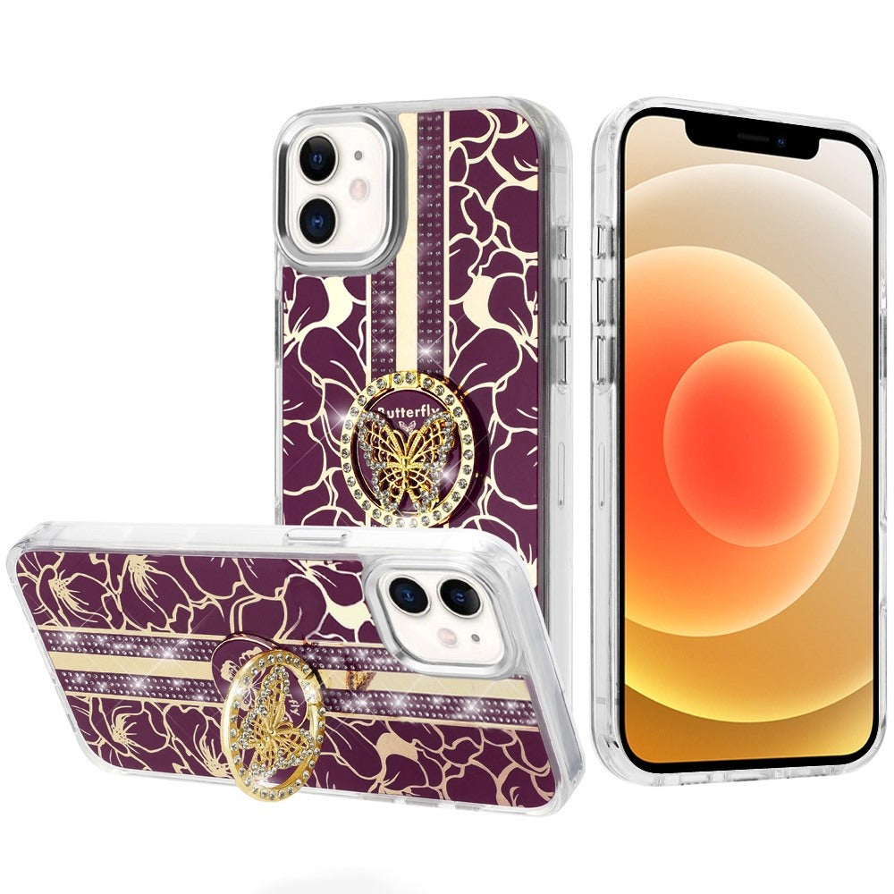 Phone Case for Apple iPhone 12 /12 Pro Floral Butterfly Ring Stand Glitter Bling Shockproof Hybrid Luxury Fashion Protective Anti Slip Durable Grip Cover Purple