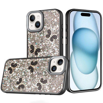 For iPhone 15 (6.1") Cute Butterfly Crystal Diamond Glitter Case Sparkle Bling Frame Metallic Edges, Shimmer TPU Hybrid Case Cover