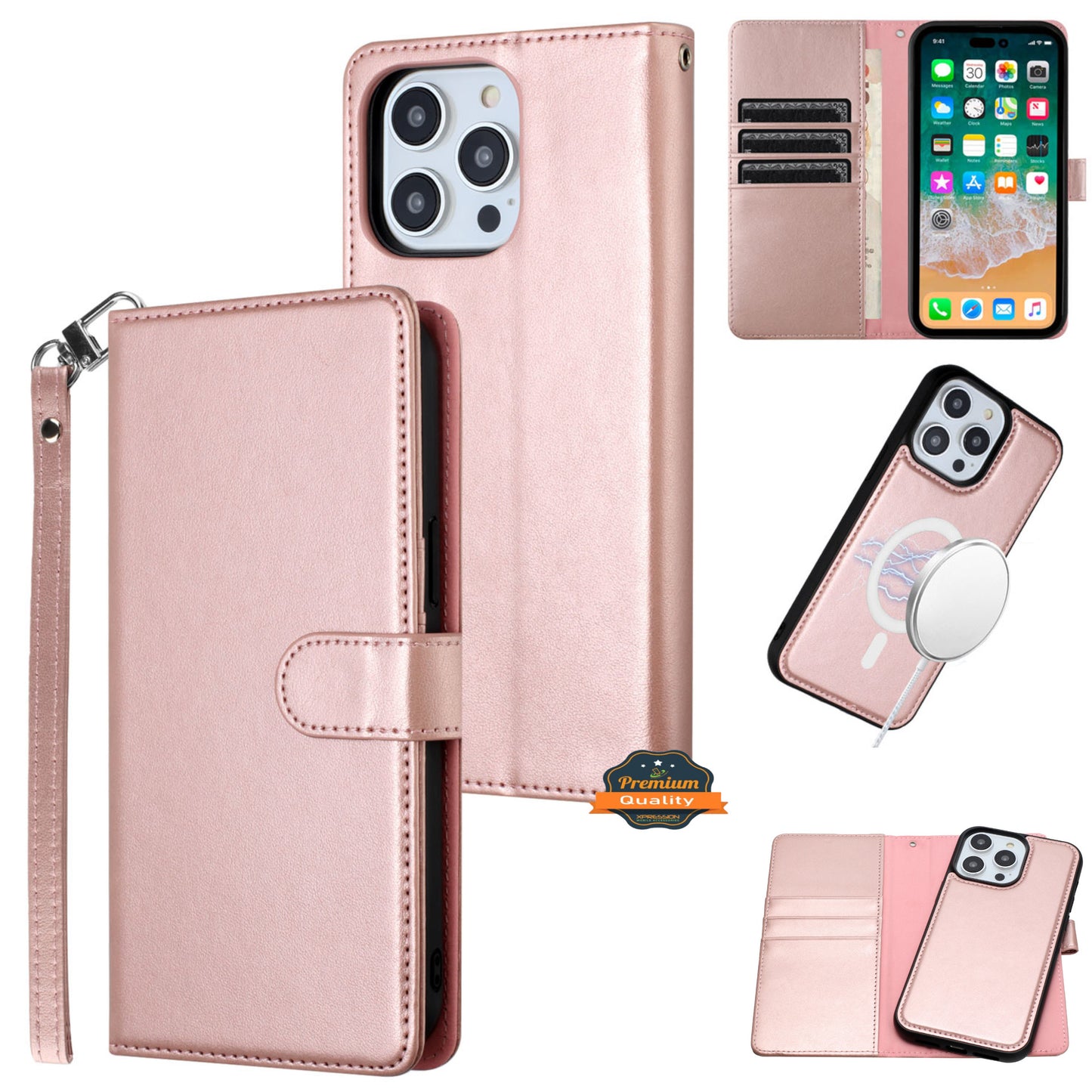 For Apple iPhone 16 (6.1") Deattachable PU Leather Hybrid Wallet Money Credit Card Holder Support Magsafe Charger Case Cover Rose Gold