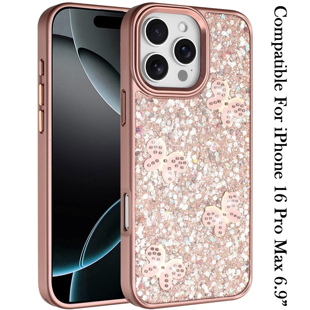 Phone Case for Apple iPhone 16 Pro Max Cute Butterfly Diamond Glitter Metallic Hybrid Shockproof Shimmer Grip Stylish Protective Luxury Designer Cover