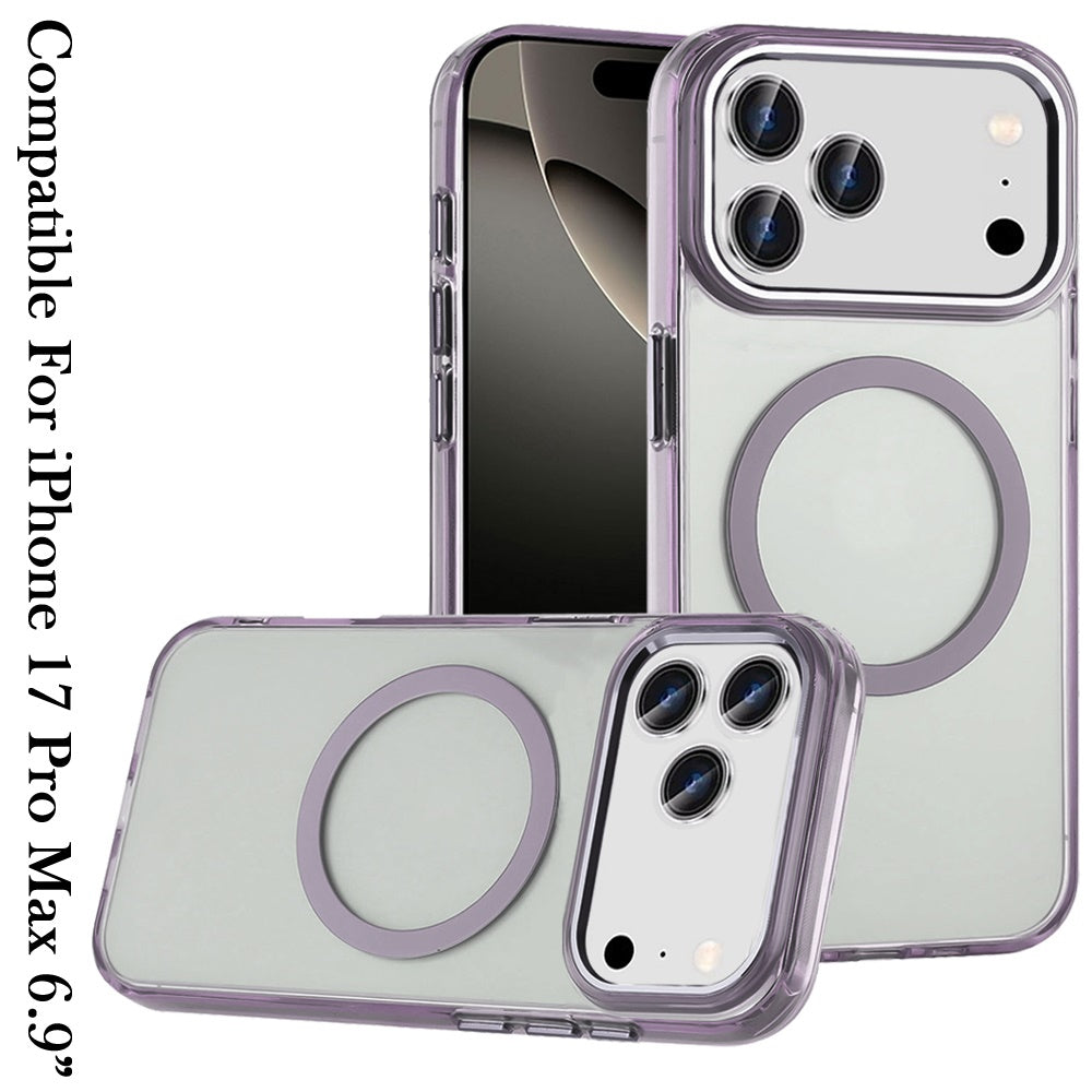For Apple iPhone 17 Pro Max (6.9") Transparent Back Hybrid Case - Magnetic Circle, Color Frame, Metal Buttons, MagSafe Compatible Case Cover