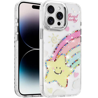 For iPhone 14 Pro Max (6.7") Butterfly Resin Epoxy Diamond Design Metal Edged Hybrid Shockproof Heavy Duty Drop Protection Case Cover