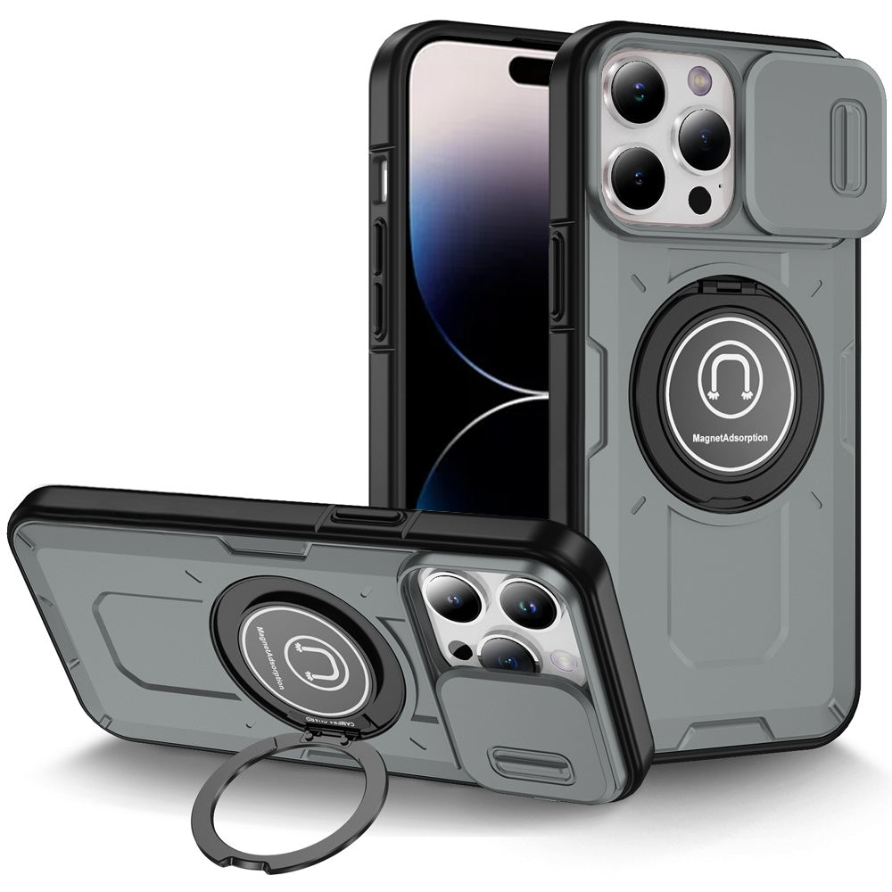 For Apple iPhone 16 (6.1") Build in Invisible Magnetic Ring Stand with Slide Camera Protector, fit Magnetic Car Mount [Compatible with MagSafe] Case Cover
