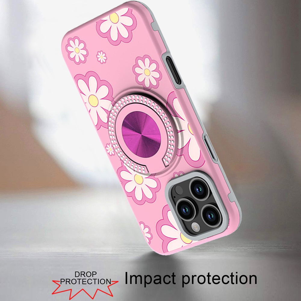 For iPhone 16 Pro Max (6.9") Pattern Design Hybrid with Invisible Ring Stand & Magnetic Back, Shockproof Protective Grip Case Cover