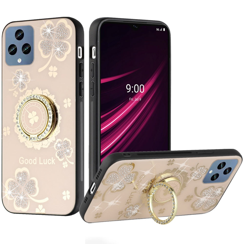 For Apple iPhone SE 4 Diamonds 3D Fashion Floral Bling Sparkly Glitter Ornaments Engraving Hybrid with Ring Stand Case Cover Gold Good Luck Floral