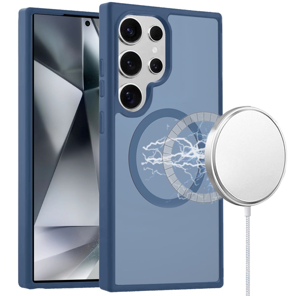 Phone Case for Samsung Galaxy S24 Ultra Magnetic Matte Hybrid Shockproof Smooth Grip Durable Camera Protection Anti-Slip Soft Touch TPU Armor Cover Blue