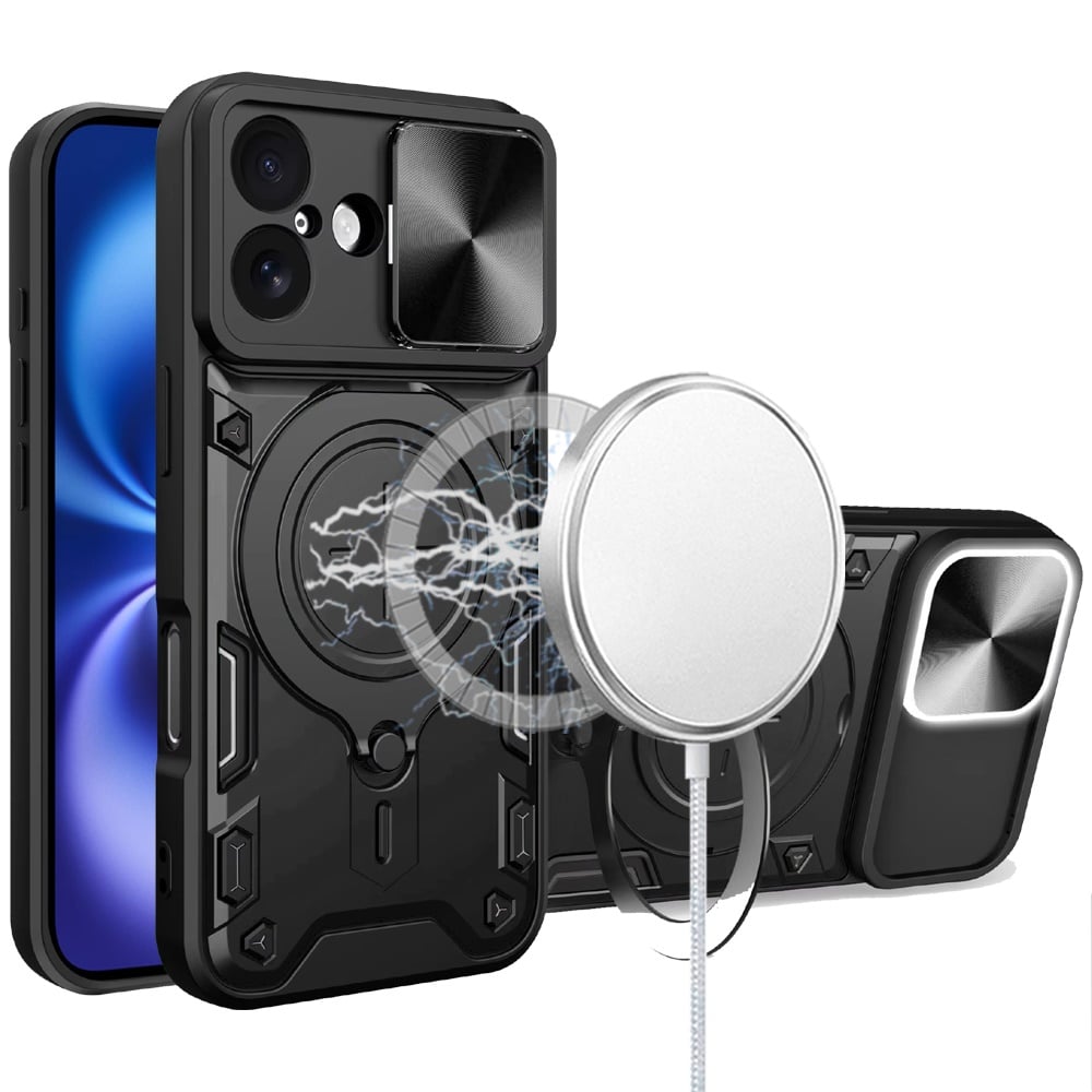Phone Case for Apple iPhone 18/ iPhone 17 Magnetic Ring Stand Shockproof Hybrid Full Camera Slide Guard Anti Slip Heavy Duty Protective Armor Cover Black