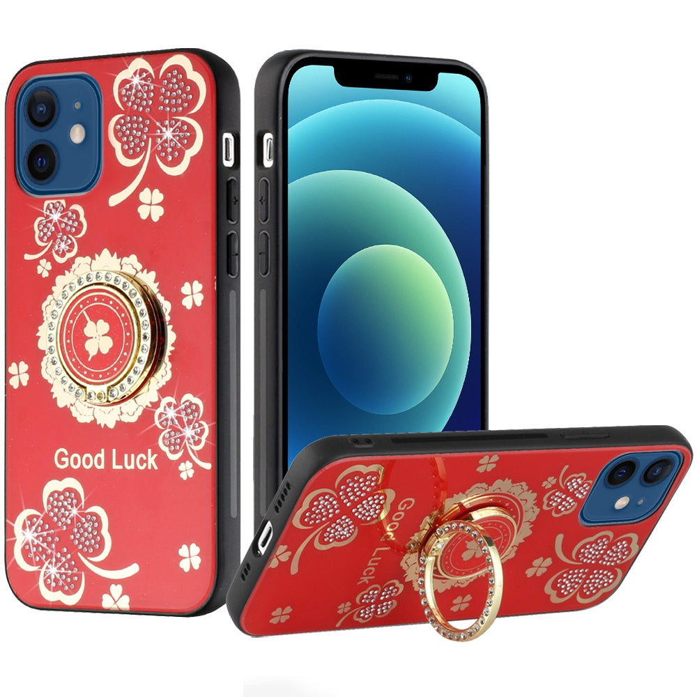 For iPhone 16 (6.1") Diamonds 3D Fashion Floral Bling Sparkly Glitter Ornaments Engraving Hybrid with Ring Stand Case Cover Good Luck Floral Red