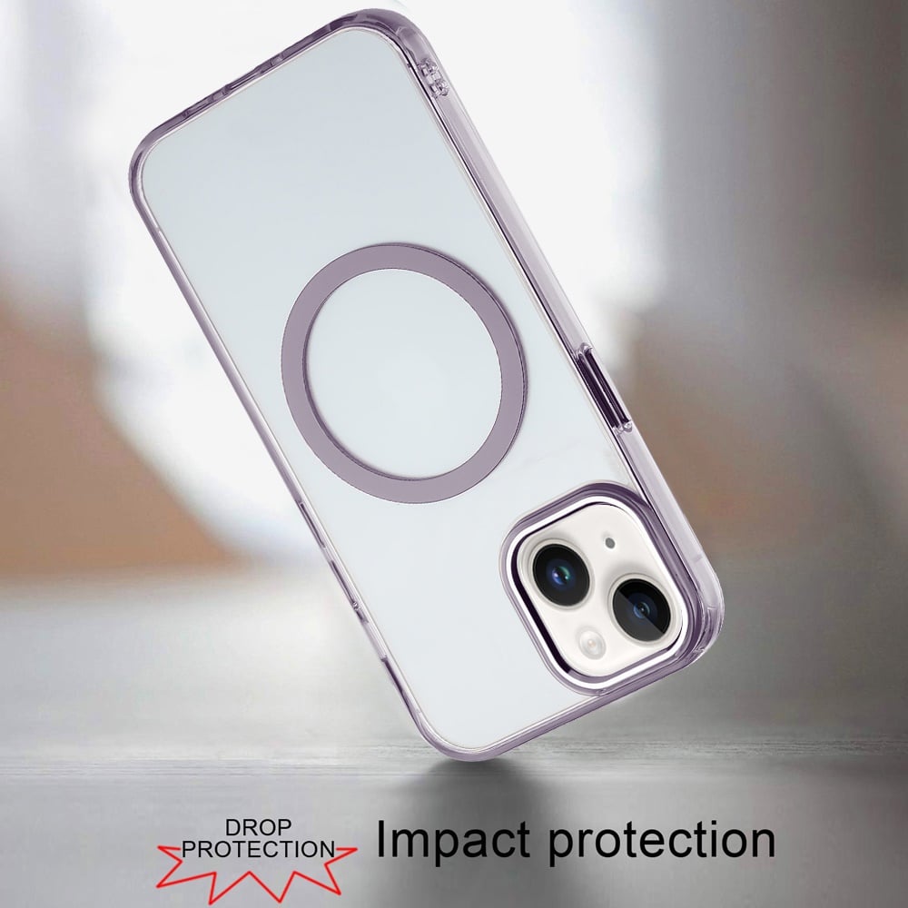 For iPhone 14/13 (6.1") Transparent Back Hybrid Case - Magnetic Circle, Color Frame, Metal Buttons, MagSafe Compatible Case Cover