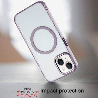 For iPhone 14/13 (6.1") Transparent Back Hybrid Case - Magnetic Circle, Color Frame, Metal Buttons, MagSafe Compatible Case Cover