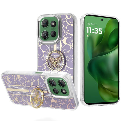 For Motorola Moto G Stylus 5G 2025 Diamonds 3D Butterfly Floral Design Bling Sparkly Glitter Hybrid Metal Fashion with Ring Stand Case Cover