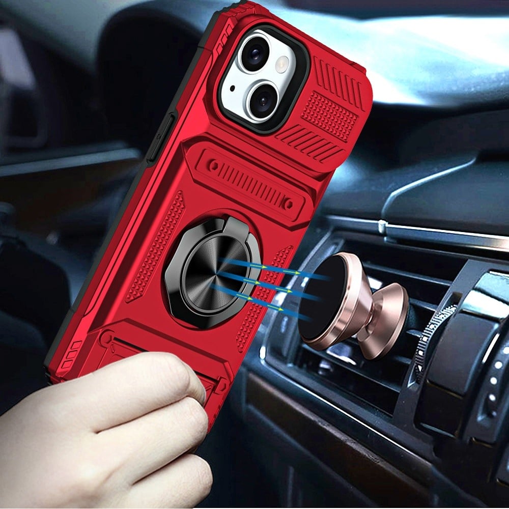 Phone Case for Apple iPhone 15 Multi Functional Card Slot Shockproof Metal Ring Hybrid Wallet Rugged Protective Grip Heavy Duty Durable Cover Red