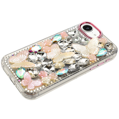 For Apple iPhone 17E /16E 3D Diamond Floral Butterfly Bling Stone Hybrid, Sparkly Rhinestone Gemstone Back Shockproof Case Cover