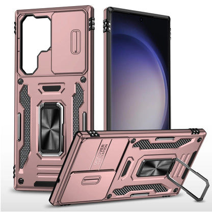 Phone Case for Samsung Galaxy S24 Ultra Tough Metal Ring Shockproof Sliding Camera Window Hybrid Armor Rugged Anti Slip Heavy Duty Grip Cover Gold
