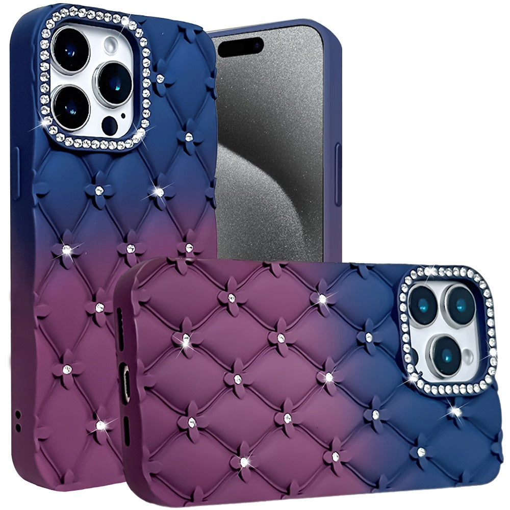 For Apple iPhone 15 Pro Max Fashion Flower Design Sparkle Glitter Shimmer Rhinestone Bling Floral Accents, Leather Texture TPU Case Cover