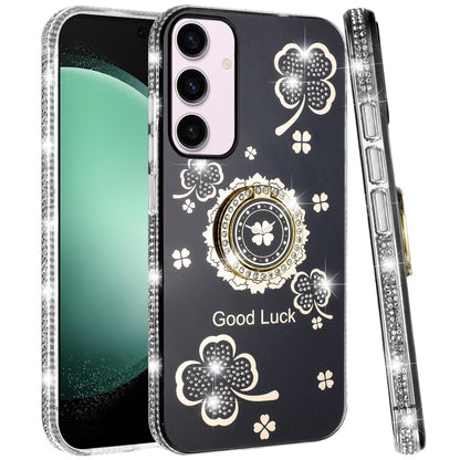 For Samsung Galaxy S21 Ultra Diamonds Bling All Around Edges Sparkly Glitter Hybrid Ring Stand Holder Fashion Good Luck Case Cover