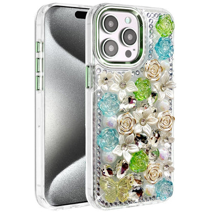 For Apple iPhone 15 Pro Max 3D Diamond Floral Roses Flower Bling Stone Hybrid, Sparkly Rhinestone Gemstone Back Shockproof Case Cover Green