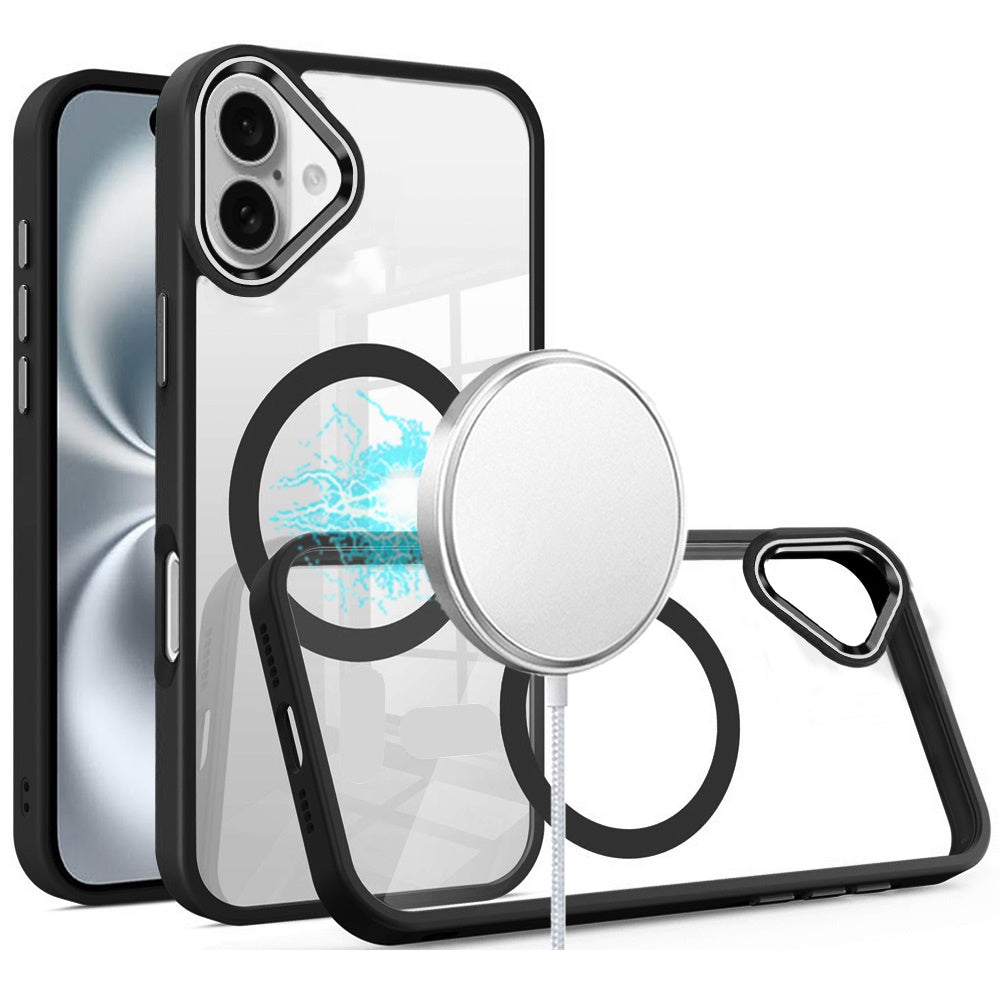 Phone Case for Apple iPhone 16 Plus Clear Acrylic Magnetic Circle Shockproof Hybrid Metal Button TPU Drop Protection Rugged Slim Durable Armor Cover Black