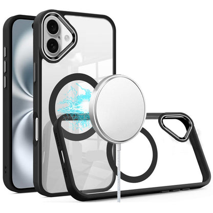 Phone Case for Apple iPhone 16 Plus Clear Acrylic Magnetic Circle Shockproof Hybrid Metal Button TPU Drop Protection Rugged Slim Durable Armor Cover Black