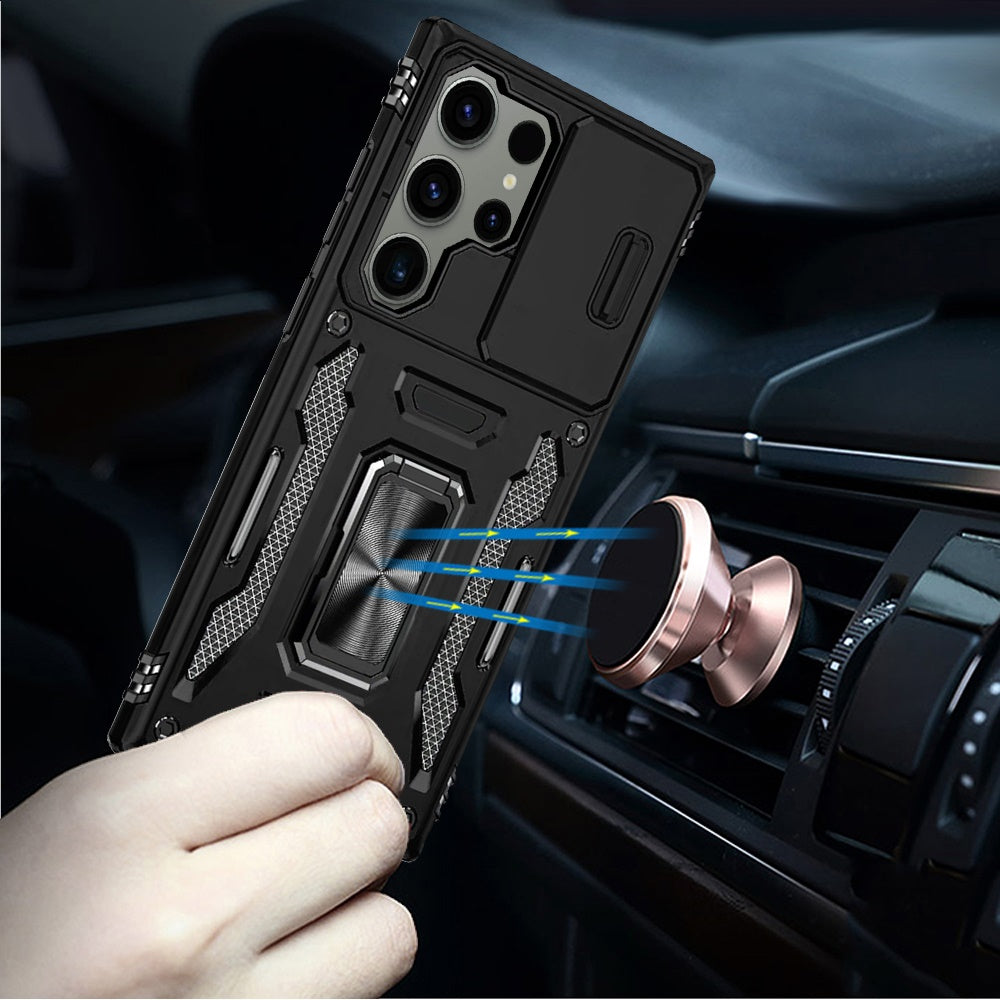 Phone Case for Samsung Galaxy S23 Ultra Tough Metal Ring Shockproof Sliding Camera Window Hybrid Armor Rugged Anti Slip Heavy Duty Grip Cover