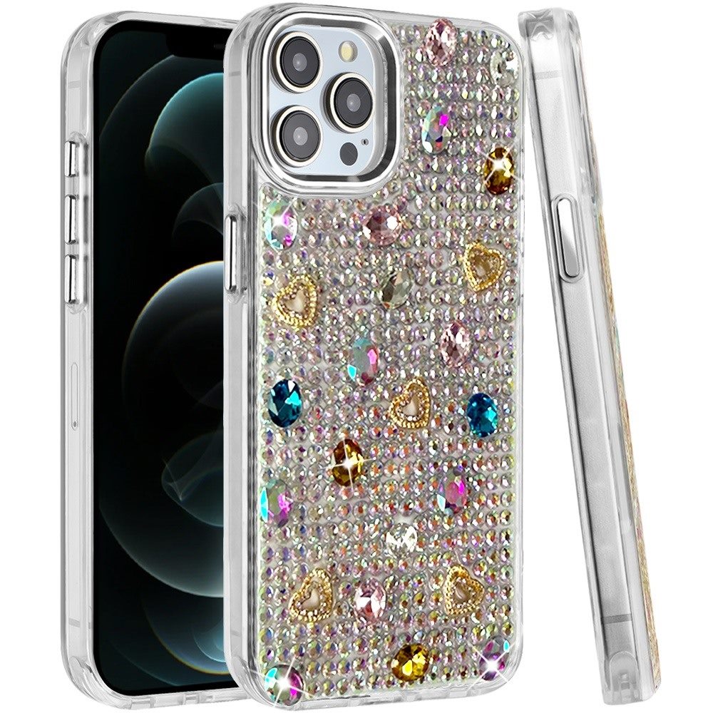 Phone Case for Apple iPhone 12 Pro Max Chrome Fashion Hybrid Bling Diamond Heart Rhinestone Decorative Stones Sparkling Embellished Design Cover