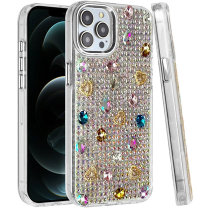 Phone Case for Apple iPhone 12 Pro Max Chrome Fashion Hybrid Bling Diamond Heart Rhinestone Decorative Stones Sparkling Embellished Design Cover