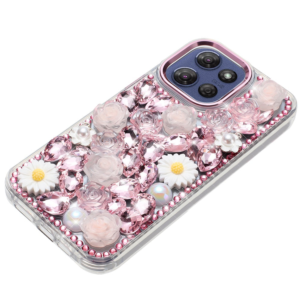 For Motorola Moto G 5G 2025 Fashion Daisy Floral Series, Full 3D Bling Crystal Diamonds Sparkling Rhinestone Glitter Hybrid Design Case Cover