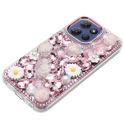 For Motorola Moto G 5G 2025 Fashion Daisy Floral Series, Full 3D Bling Crystal Diamonds Sparkling Rhinestone Glitter Hybrid Design Case Cover