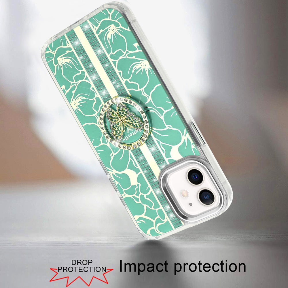 For Apple iPhone 12 /12 Pro Diamonds 3D Butterfly Floral Design Bling Sparkly Glitter Hybrid Metal Fashion with Ring Stand Case Cover