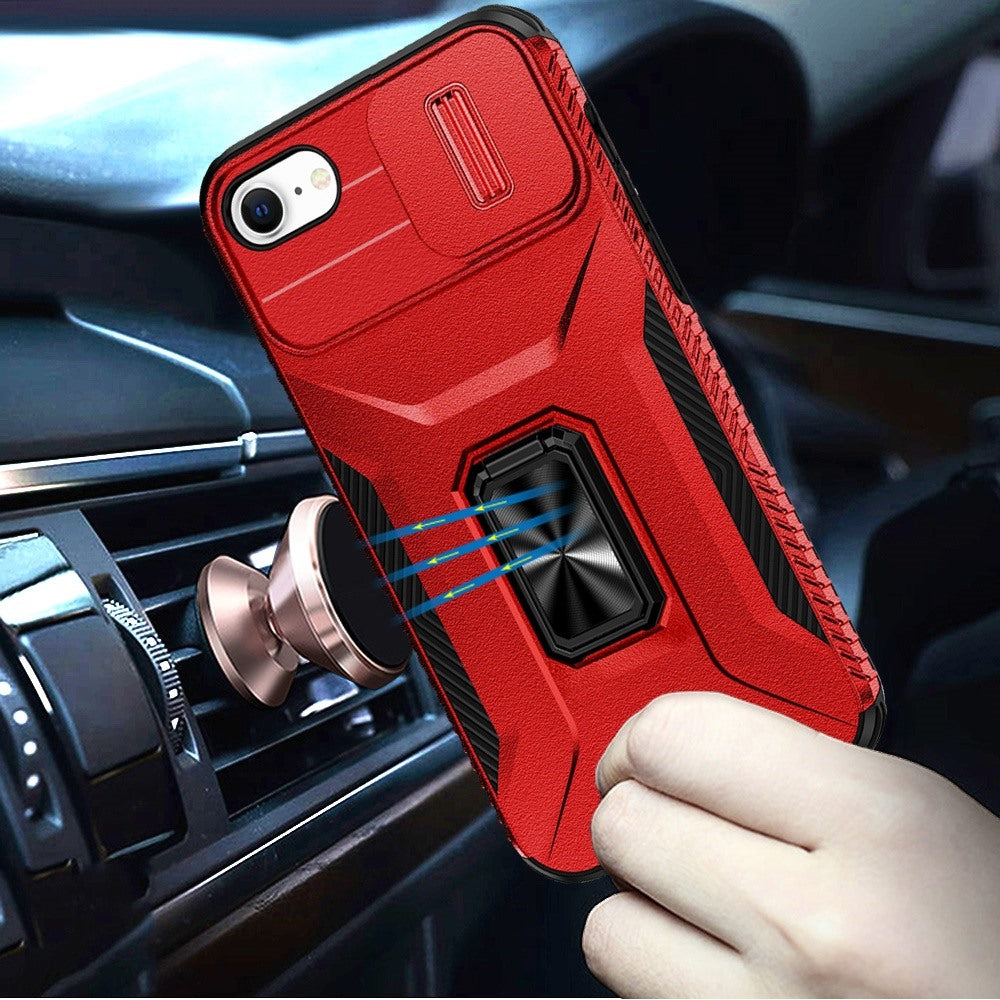 For Apple iPhone SE 3 (2022) SE/8/7 Case, Camera Cover with Magnetic Rotation Ring Stand, Military Grade Hybrid Hard TPU Shockproof Case Cover Blue