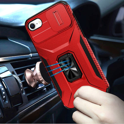 For Apple iPhone SE 3 (2022) SE/8/7 Case, Camera Cover with Magnetic Rotation Ring Stand, Military Grade Hybrid Hard TPU Shockproof Case Cover Red