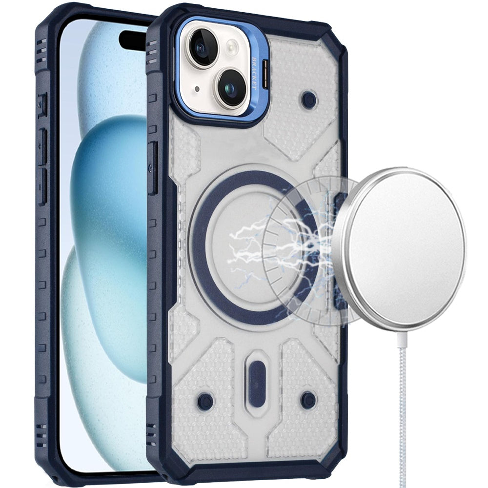 For Apple iPhone 15 Transparent Tough Dotted Magnetic Case with Camera Stand & Hybrid Grip Shockproof Case Cover