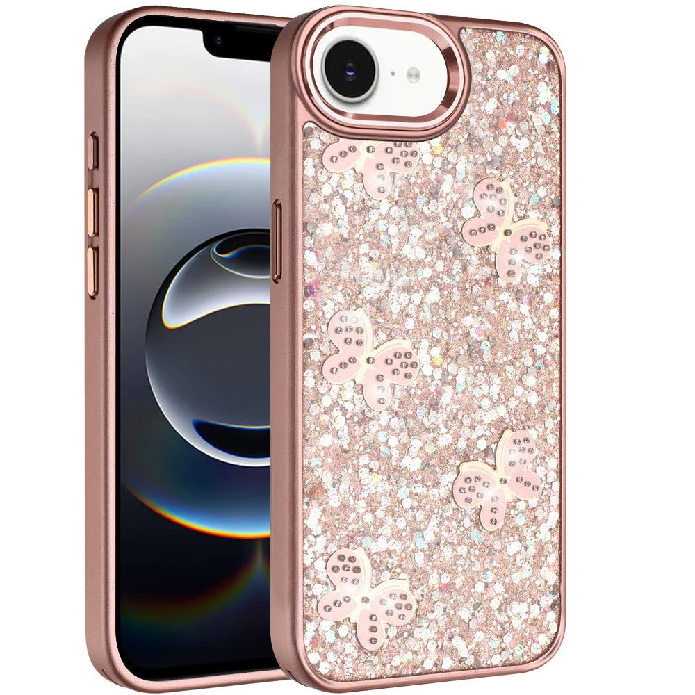 For Apple iPhone 17E /16E Cute Butterfly Crystal Diamond Glitter Case Sparkle Bling Frame Metallic Edges, Shimmer TPU Hybrid Case Cover