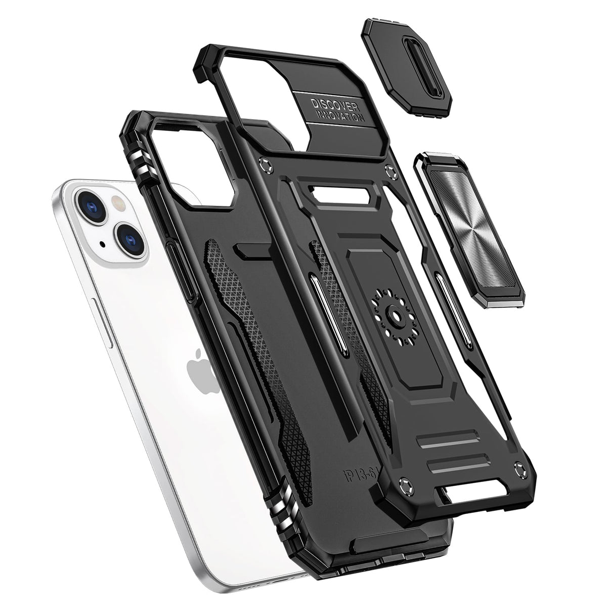 Phone Case for Apple iPhone 13 Pro Max Tough Metal Ring Shockproof Sliding Camera Window Hybrid Armor Rugged Anti Slip Heavy Duty Grip Cover