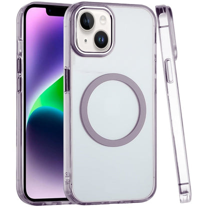 For iPhone 14/13 (6.1") Transparent Back Hybrid Case - Magnetic Circle, Color Frame, Metal Buttons, MagSafe Compatible Case Cover