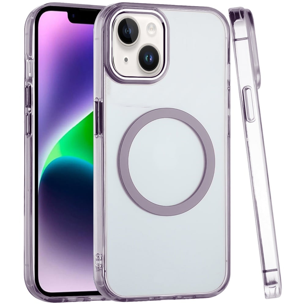 For iPhone 14/13 (6.1") Transparent Back Hybrid Case - Magnetic Circle, Color Frame, Metal Buttons, MagSafe Compatible Case Cover