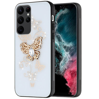 For Samsung Galaxy Z Flip 7 FE Diamonds 3D Butterfly Bling Sparkly Glitter Ornaments Engraving Hybrid Metal Fashion Case Cover White Garden Butterflies