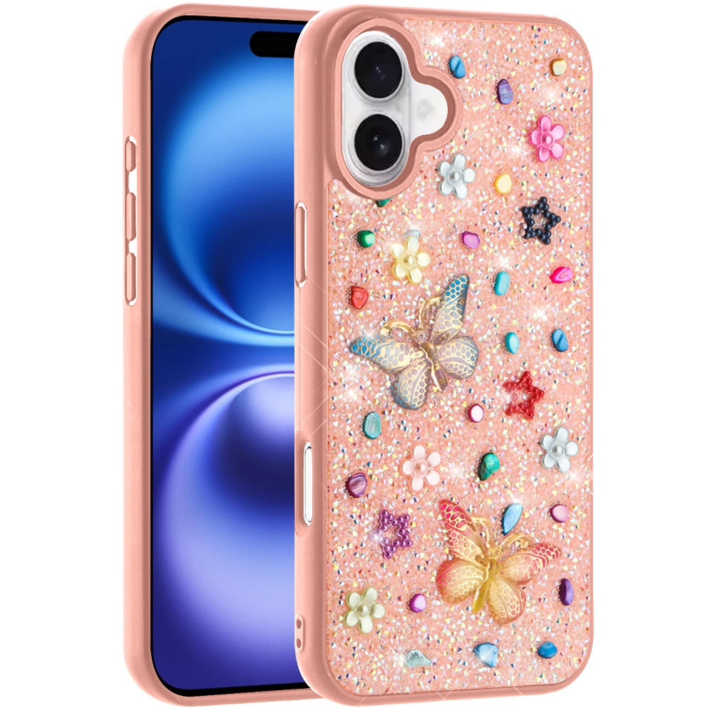 For Apple iPhone 17 (6.3") Diamond Butterfly 3D Glitter Bling Design, Slim Hybrid Sparkle Protective Cover TPU for Women Girls Case Cover