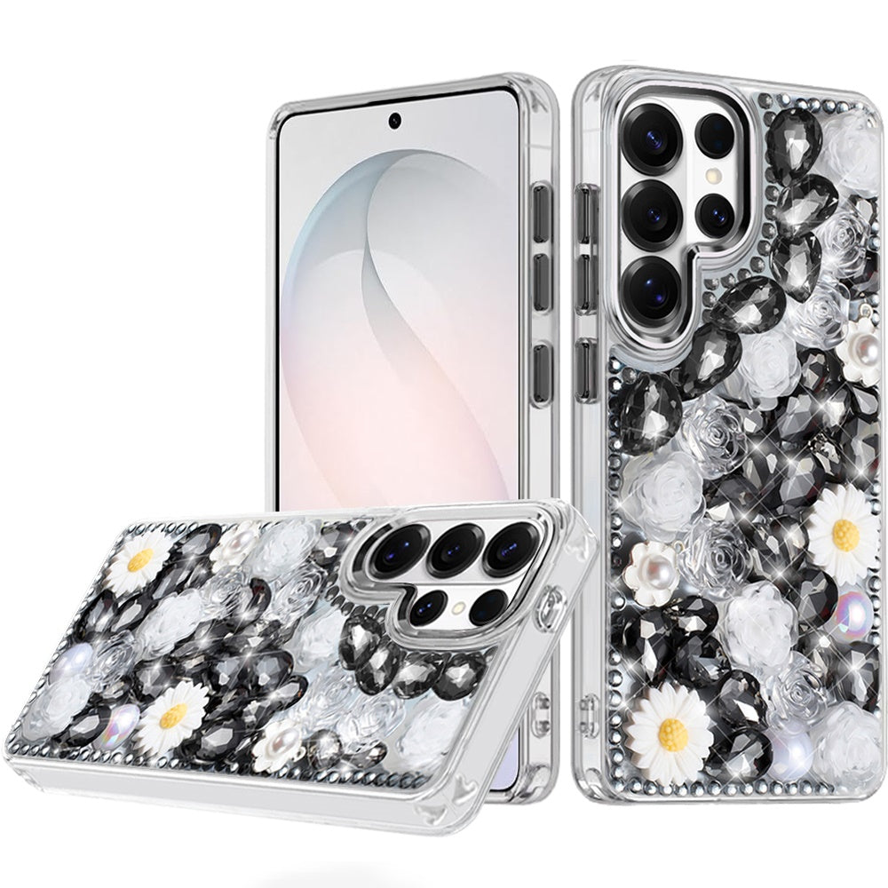 For Samsung Galaxy S26 Ultra Fashion Daisy Floral Series, Full 3D Bling Crystal Diamonds Sparkling Rhinestone Glitter Hybrid Design Case Cover