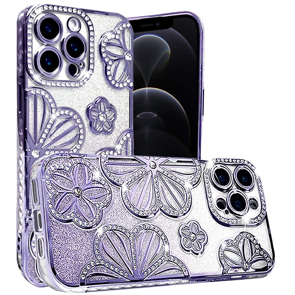 For Apple iPhone 12 Pro Max Luxury Flower Design Sparkle Glitter Diamond Rhinestone Shimmer Bling Plating Thick TPU Hard PC Case Cover