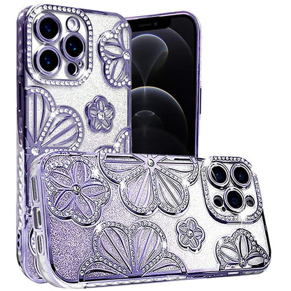 For Apple iPhone 12 Pro Max Luxury Flower Design Sparkle Glitter Diamond Rhinestone Shimmer Bling Plating Thick TPU Hard PC Case Cover