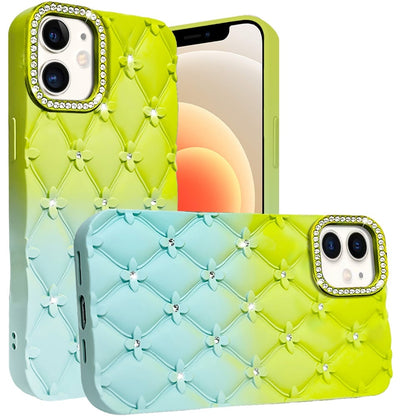 For iPhone 12 / iPhone 12 Pro (6.1") Fashion Flower Design Sparkle Glitter Shimmer Rhinestone Bling Floral Accents, Leather Texture TPU Case Cover