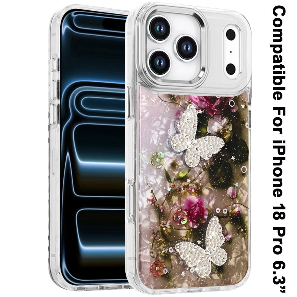 Phone Case for Apple iPhone 18 Pro/ 17 Pro Glitter Butterfly Design Metal Buttons Shockproof Hybrid TPU + PC Durable Protective Slim Grip Stylish Cover