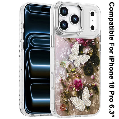 Phone Case for Apple iPhone 18 Pro/ 17 Pro Glitter Butterfly Design Metal Buttons Shockproof Hybrid TPU + PC Durable Protective Slim Grip Stylish Cover
