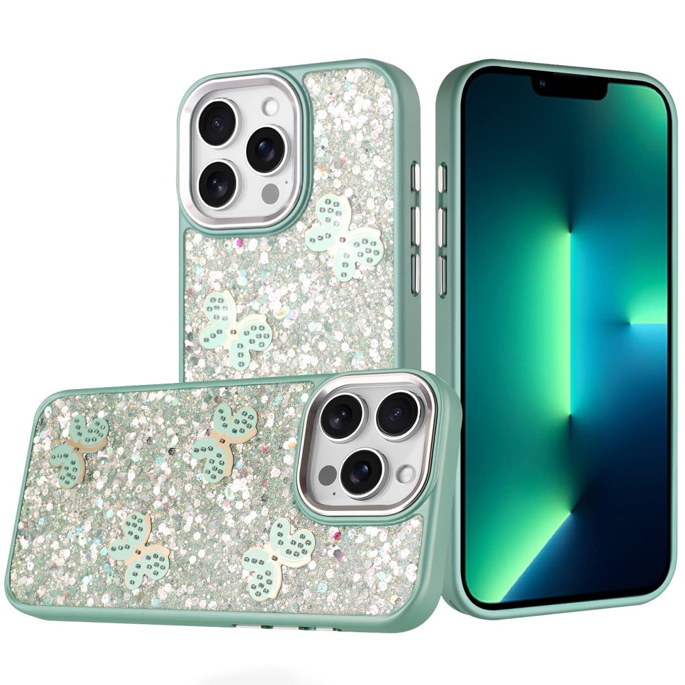 For Apple iPhone 13 Pro Max Cute Butterfly Crystal Diamond Glitter Case Sparkle Bling Frame Metallic Edges, Shimmer TPU Hybrid Case Cover Teal