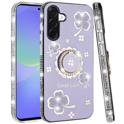 For Samsung Galaxy A37 Diamonds Bling All Around Edges Sparkly Glitter Hybrid with Ring Stand Holder Fashion Good Luck Case Cover