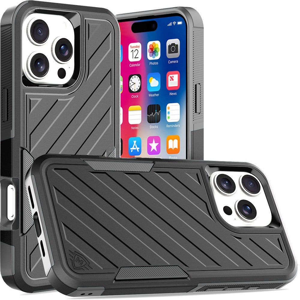 For Apple iPhone 16 Pro Hybrid lined shockproof dual layer Rugged 2in1 Hard PC & Silicone TPU Non Slip Textured Tough Armor Case Cover Black+Grey