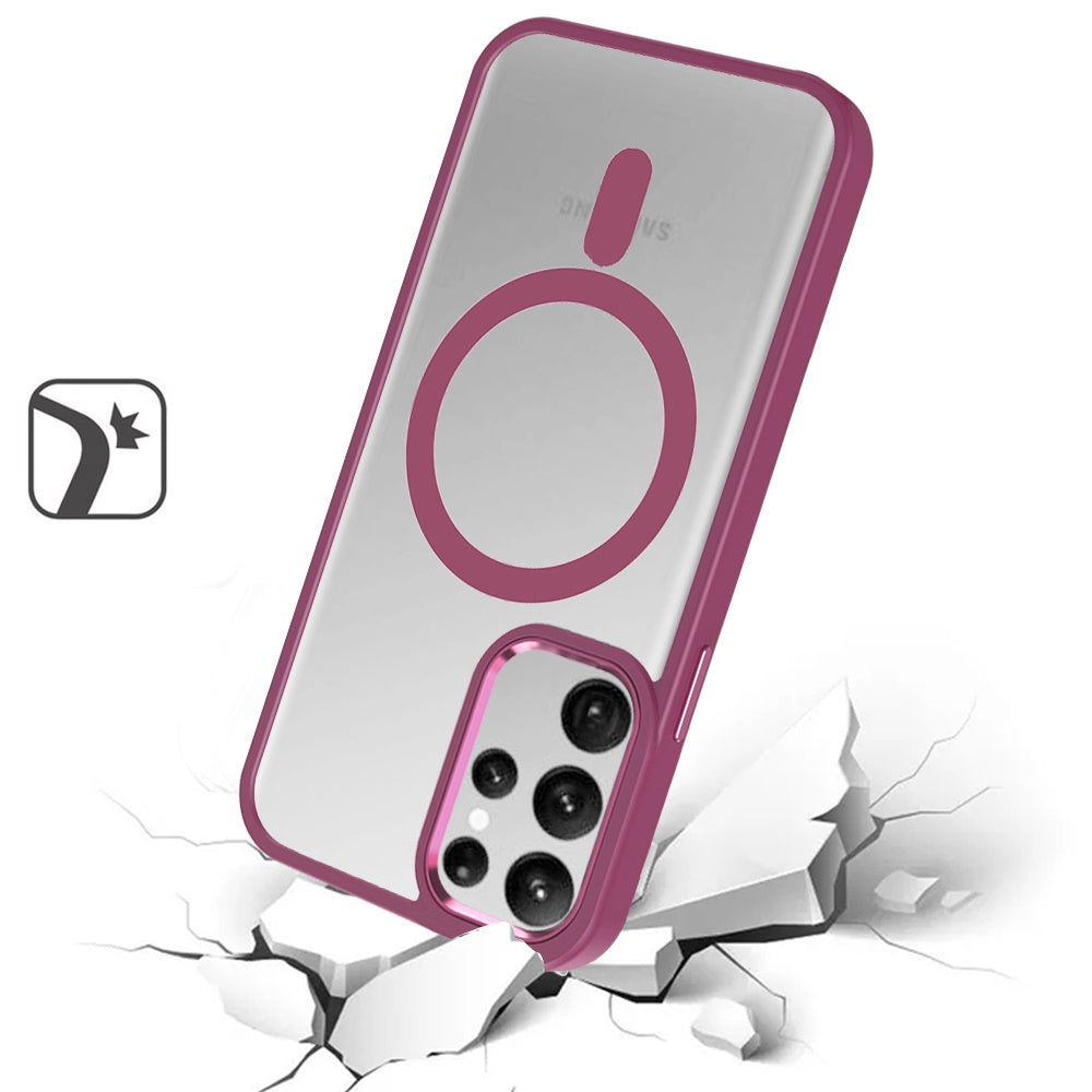 Phone Case for Samsung Galaxy S24 Ultra Magnetic Clear Acrylic Metal Button Shockproof Hybrid Durable Grip Bumper TPU Protective Heavy Duty Cover Burgundy