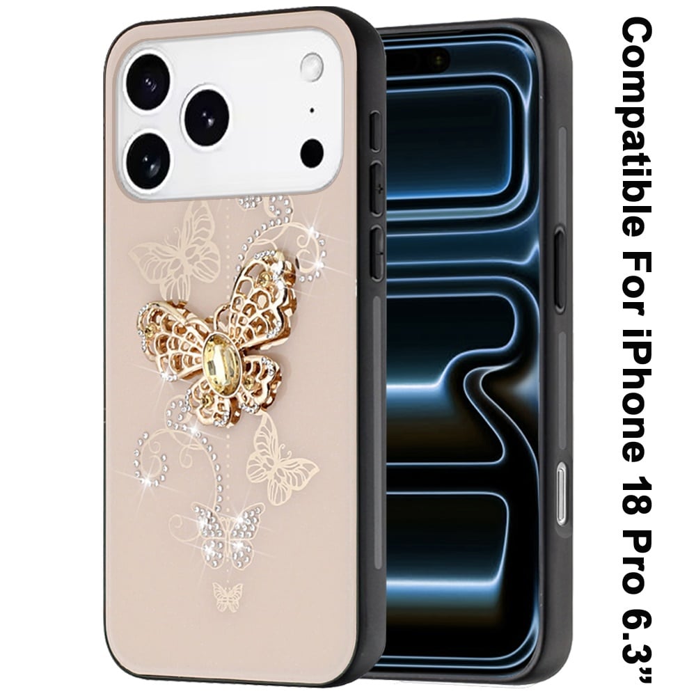 Phone Case for Apple iPhone 18 Pro Diamond 3D Fashion Floral Glitter Engraved Luxury Bling Hybrid Shockproof Chrome Edge Protective Grip Cover