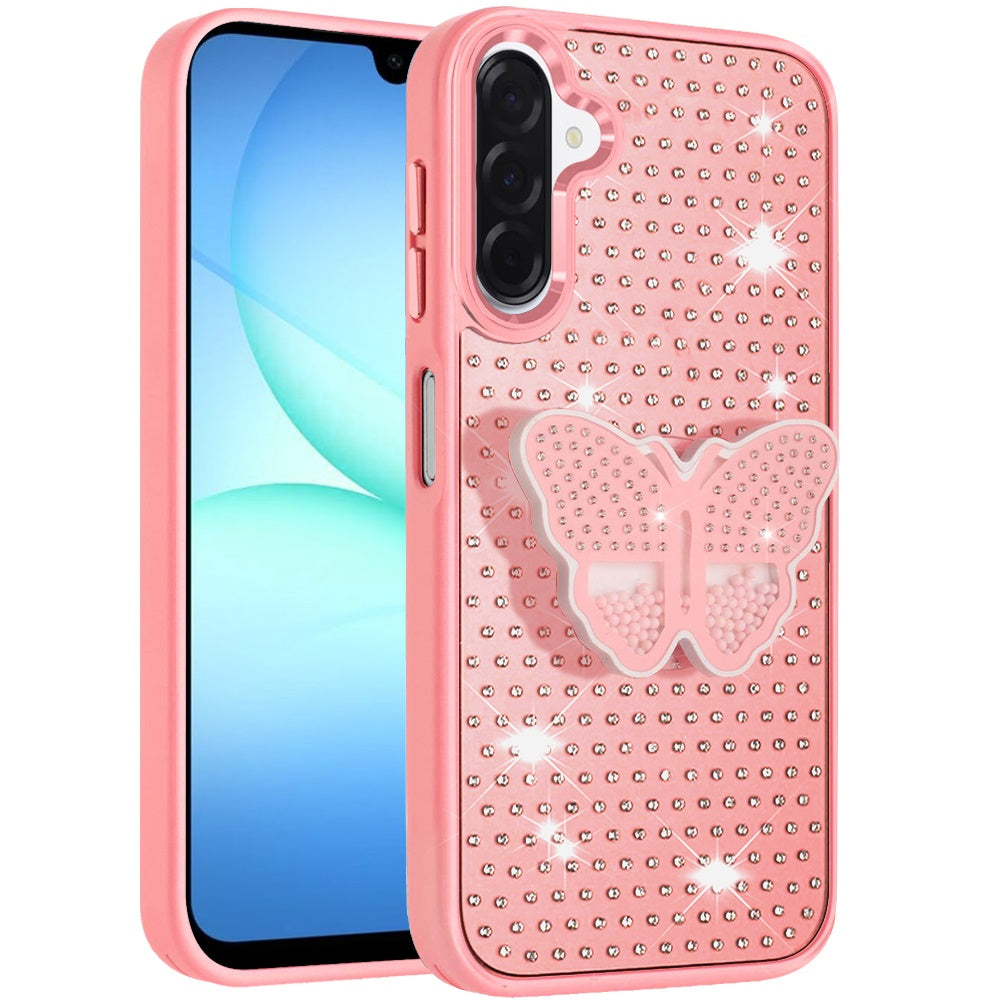 Phone Case for Samsung Galaxy A17 5G Butterfly Grip Pop Stand Diamond Sparkle Hybrid Shockproof Metal Button Slim Protective Grip Decorative Design Cover